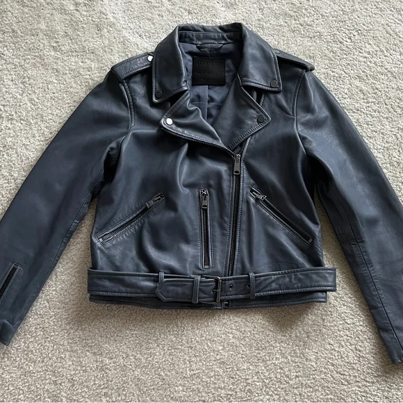 All Saints Balfern Slate Blue Leather Jacket size US 10 - Picture 3 of 6